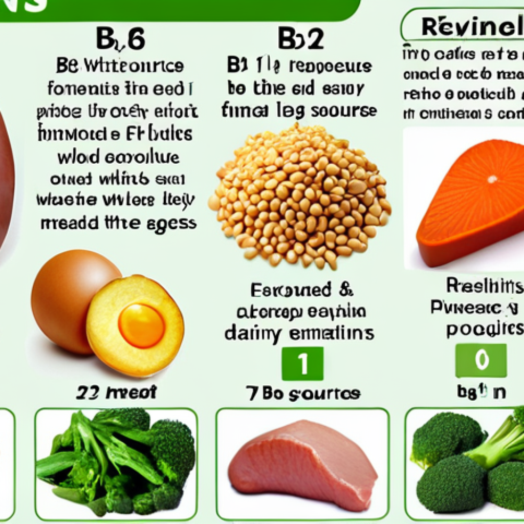 **Image Prompt for B-Vitamins Overview**:
   "A visually appealing infographic showcasing the different B-vitamins (B1, B2, B3, B5, B6, B7, B9, B12) along with their food sources and functions. Include vibrant illustrations of whole grains, meat, fish, eggs, dairy products, and green vegetables to represent natural sources."