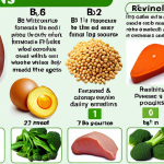 **Image Prompt for B-Vitamins Overview**:
   "A visually appealing infographic showcasing the different B-vitamins (B1, B2, B3, B5, B6, B7, B9, B12) along with their food sources and functions. Include vibrant illustrations of whole grains, meat, fish, eggs, dairy products, and green vegetables to represent natural sources."