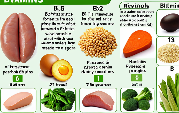 **Image Prompt for B-Vitamins Overview**:
"A visually appealing infographic showcasing the different B-vitamins (B1, B2, B3, B5, B6, B7, B9, B12) along with their food sources and functions. Include vibrant illustrations of whole grains, meat, fish, eggs, dairy products, and green vegetables to represent natural sources."