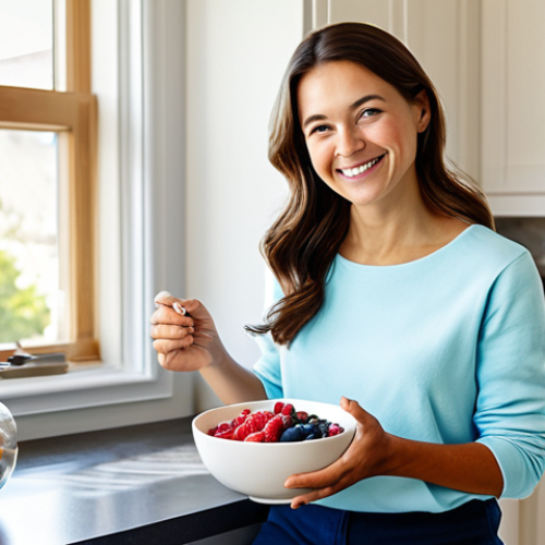 A radiant woman in modest, comfortable clothing, seated at a modern, sunlit kitchen counter, gently smiling as she enjoys a vibrant bowl of oatmeal topped with fresh berries, nuts, and seeds. The setting conveys a sense of calm and healthy living. The image should feature perfect anatomy, correct proportions, a natural pose, well-formed hands, and proper finger count. This is a safe for work, appropriate content, fully clothed, and family-friendly image with natural body proportions, captured with professional photography and high quality.