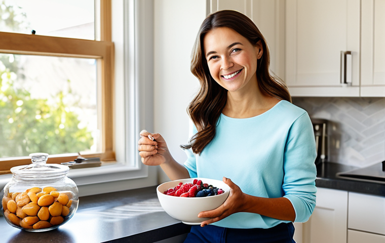 A radiant woman in modest, comfortable clothing, seated at a modern, sunlit kitchen counter, gently smiling as she enjoys a vibrant bowl of oatmeal topped with fresh berries, nuts, and seeds. The setting conveys a sense of calm and healthy living. The image should feature perfect anatomy, correct proportions, a natural pose, well-formed hands, and proper finger count. This is a safe for work, appropriate content, fully clothed, and family-friendly image with natural body proportions, captured with professional photography and high quality.