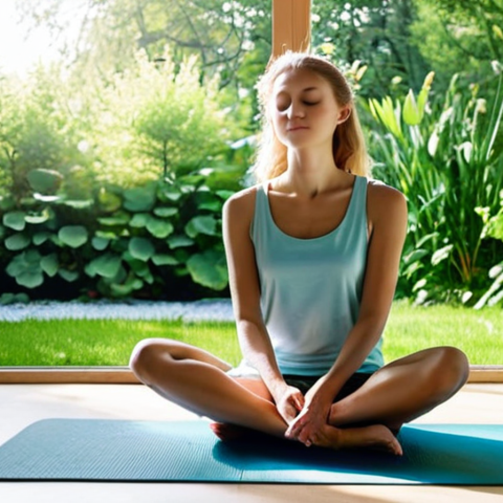 Serene Mindful Moment**

A woman sitting cross-legged on a yoga mat in a bright, minimalist Scandinavian-style living room, eyes closed, hands resting gently on her knees, fully clothed in comfortable, modest yoga attire, sunlight streaming through a large window overlooking a lush green garden, safe for work, appropriate content, perfect anatomy, natural proportions, professional photography, family-friendly, peaceful atmosphere.

**