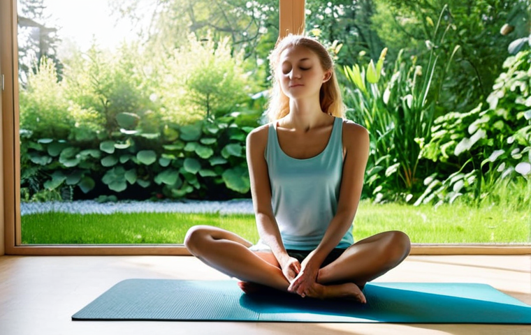 Serene Mindful Moment**

A woman sitting cross-legged on a yoga mat in a bright, minimalist Scandinavian-style living room, eyes closed, hands resting gently on her knees, fully clothed in comfortable, modest yoga attire, sunlight streaming through a large window overlooking a lush green garden, safe for work, appropriate content, perfect anatomy, natural proportions, professional photography, family-friendly, peaceful atmosphere.

**