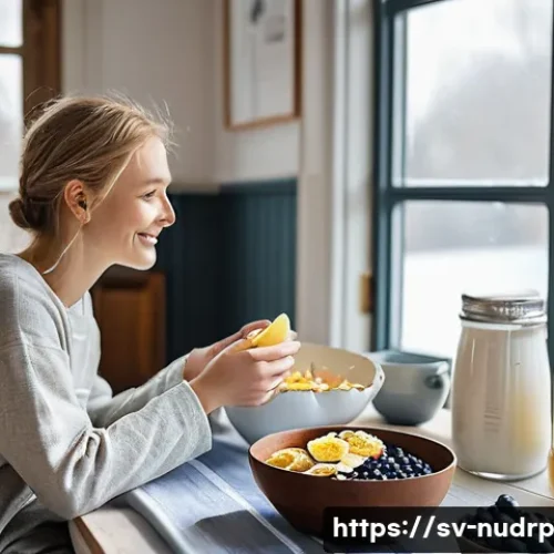 에너지 최적화를 위한 영양사 추천 식단 - **Prompt:** A serene and bright morning scene in a Scandinavian-inspired kitchen. A person (aged 20s...