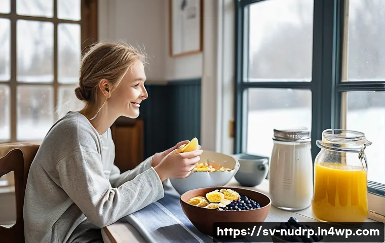 에너지 최적화를 위한 영양사 추천 식단 - **Prompt:** A serene and bright morning scene in a Scandinavian-inspired kitchen. A person (aged 20s...
