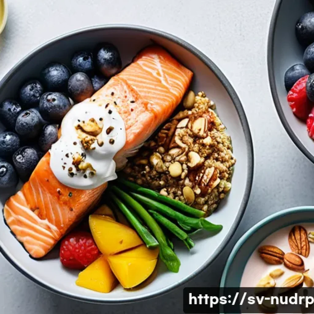 정신 집중을 위한 에너지 식단 구성법 - A bright, modern Scandinavian kitchen scene featuring a well-organized meal prep setup with healthy ...