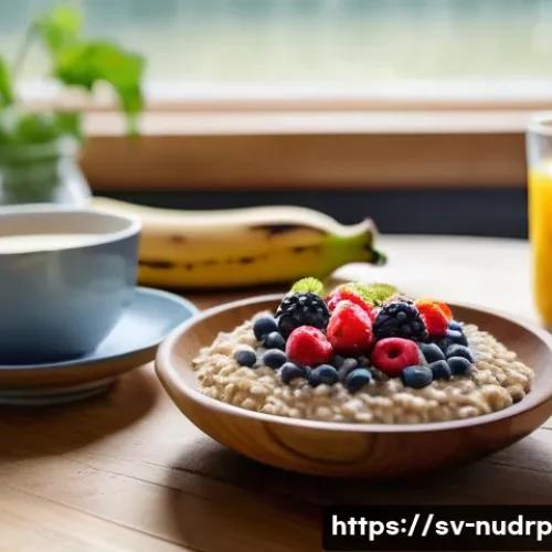 Home 17 체내 에너지 생성에 필수적인 음식 - A vibrant and inviting Scandinavian breakfast scene featuring a wooden table set with a bowl of stea...