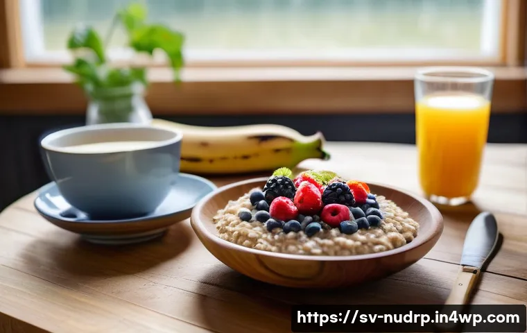 체내 에너지 생성에 필수적인 음식 - A vibrant and inviting Scandinavian breakfast scene featuring a wooden table set with a bowl of stea...