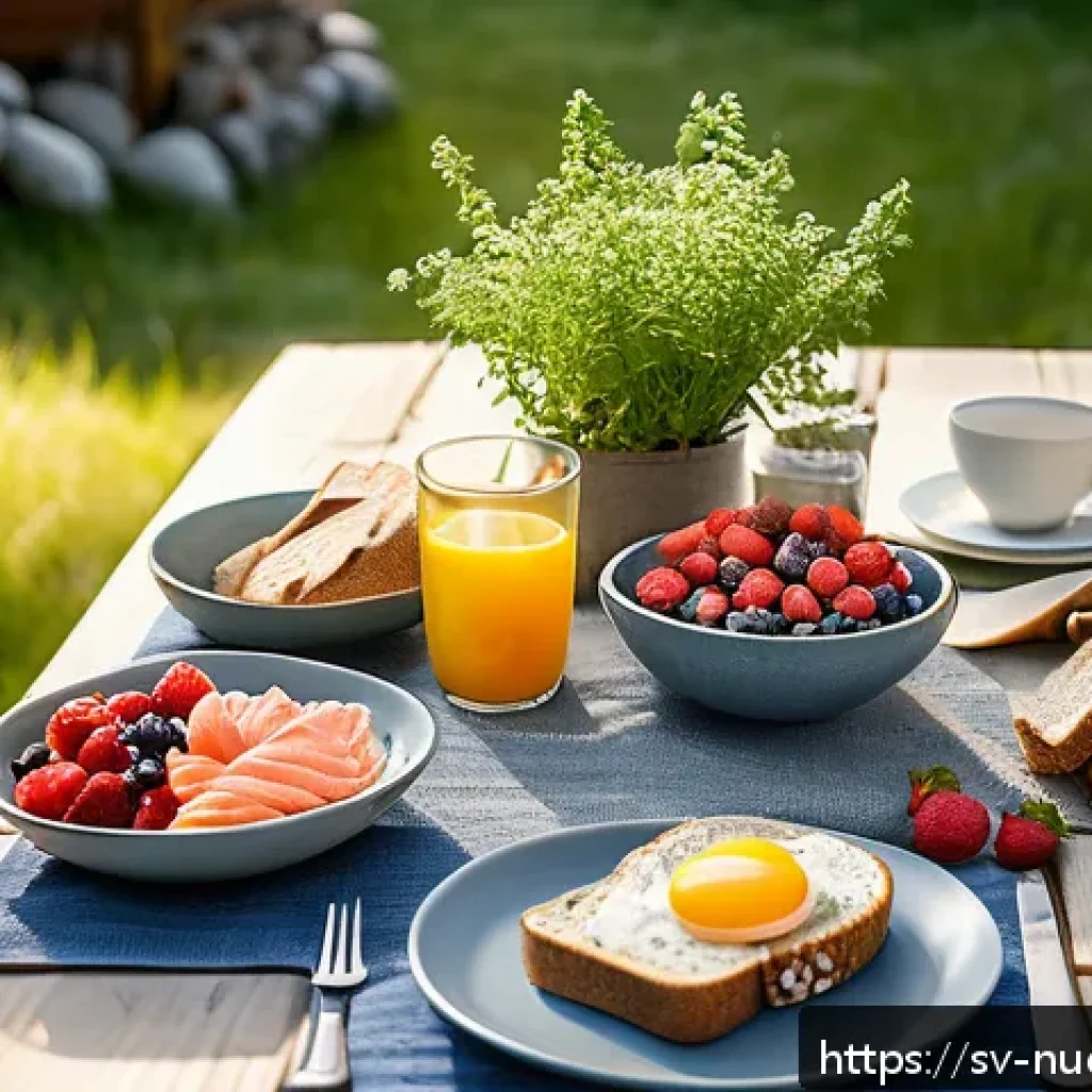 에너지를 위한 식단과 운동의 상관관계 - A vibrant and detailed scene of a balanced Swedish breakfast table set outdoors in a bright morning ...