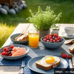 에너지를 위한 식단과 운동의 상관관계 - A vibrant and detailed scene of a balanced Swedish breakfast table set outdoors in a bright morning ...