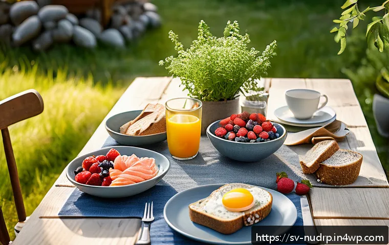 에너지를 위한 식단과 운동의 상관관계 - A vibrant and detailed scene of a balanced Swedish breakfast table set outdoors in a bright morning ...
