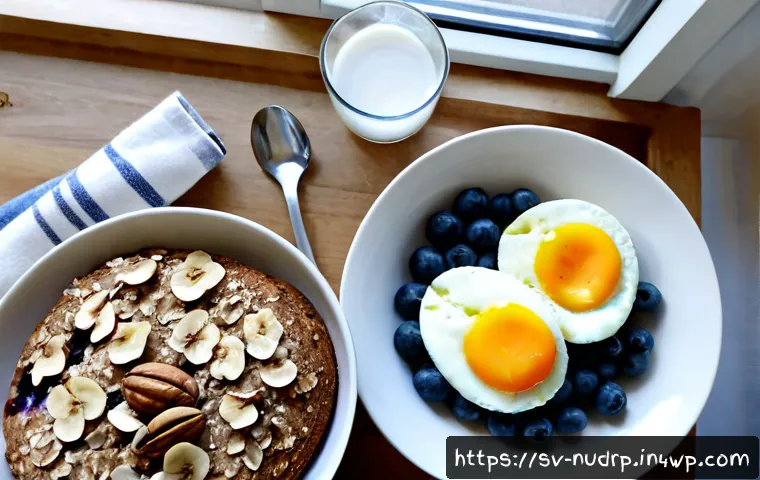 Home 17 에너지 수준을 위한 식단 변경 전략 - Photorealistic Scandinavian breakfast scene for sustained energy, overhead view of a pale wooden tab...